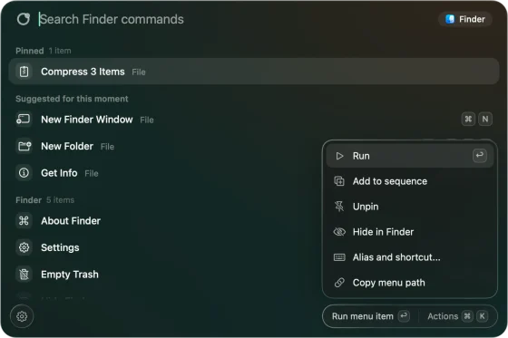 The actions of a row: Run, Add to sequence, Unpin, Hide in Finder, Alias and shortcut, Copy menu path