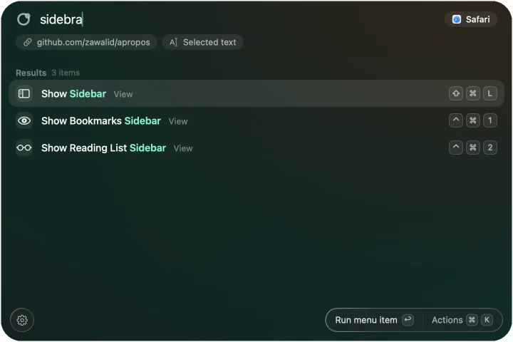 Apropos over Safari after typing sidebra: Show Sidebar first