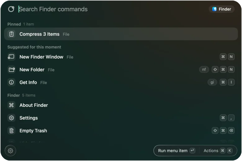 Apropos open over Finder, listing Finder’s menu commands with their shortcuts