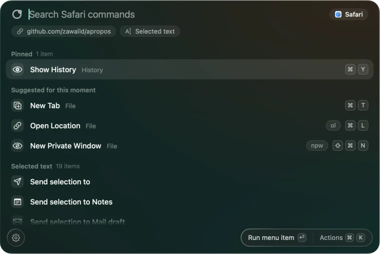 Apropos over Safari with a page and a selection: chips for both, and Send selection to rows