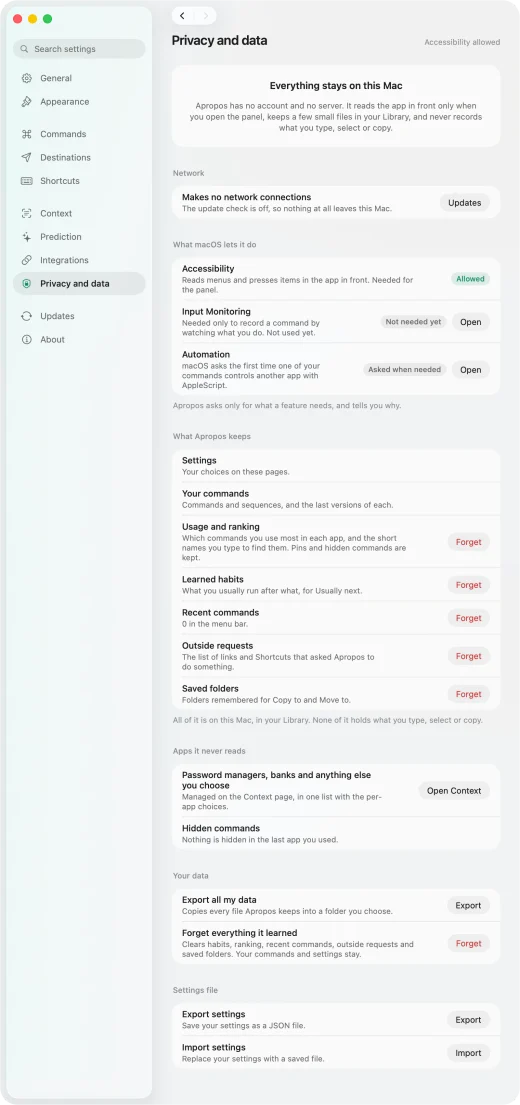 Settings, Privacy and data: no network connections, permissions with reasons, what it keeps with Forget