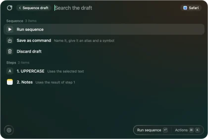A sequence draft: UPPERCASE, then Notes, with Run sequence and Save as command